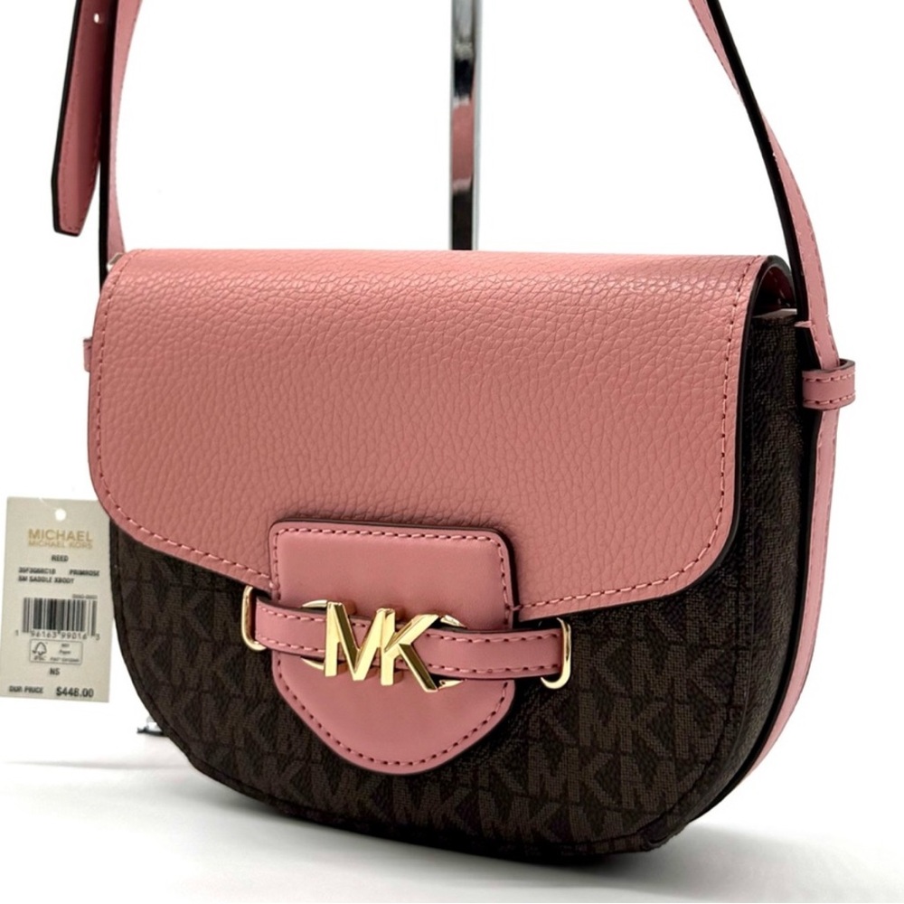 Michael Kors Small Reed Leather Saddle Crossbody Bag Brown/Light Pink